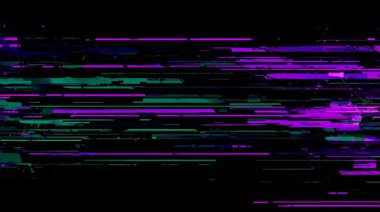 Mor ve yeşil yatay gürültü çizgileri, dijital parazit bantları, siberpunk sinyal bozulması, teknolojik hata arka planı, gelecekteki elektronik veri hareketi