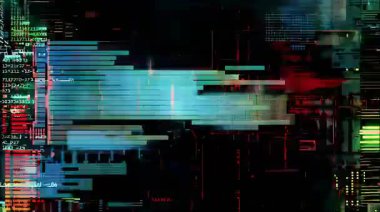 Koyu soyut dijital parazit, katmanlı arıza dokuları, yatay veri bozulması, siber gürültü desenleri, parçalanmış sinyal blokları, koyu mavi deniz mavisi paleti, gelecekteki teknolojik arka plan, elektronik arıza görsel, dijital kaos bileşimi