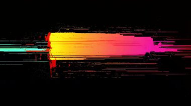 Soyut renk bloğu, siyah arkaplanda yatay neon lekesi, dijital boya çizgisi dokusu, siber çarpıtma etkisi, canlı enerji hareketi, modern teknoloji soyut bileşimi