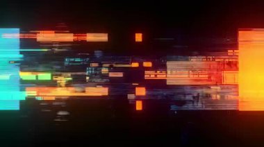 soyut arkaplan, pikselli dijital bloklar, turuncu kırmızı cyan ışık parçaları, parçalanmış veri akışı, yatay sinyal bozulması, siber arıza dokusu, fütüristik dijital gürültü, yüksek kontrast soyut hareket, teknoloji tarzı arkaplan