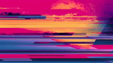 Geometrik çizgiler, pembe turuncu mavi katmanlar, yatay renk bantları, dijital tarama çizgisi dokusu, soyut retrodistorasyon, sentetik gradyan şekiller, elektronik müdahale arka planı, canlı pixelated kompozisyon