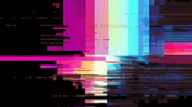 Soyut arıza, dijital patlama, pikselli renk blokları, yatay tarama hattı bozulması, neon ışık parçaları, veri bozulması, siber punk arkaplan, elektronik sinyal paraziti, gelecekteki dijital kaos