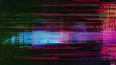 Yatay dijital gürültülü soyut arıza, neon cyan mor ve yeşil ışık bantları, bozuk veri hatları, piksel paraziti, sinematik teknoloji dokusu, fütüristik sinyal yozlaşması, siber soyut hareket arkaplanı