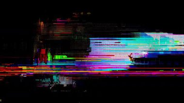 Karmaşık dijital ağ arızası, çok renkli veri bozulması, siber sinyal parçalanması, yoğun piksel parazitli soyut canlandırma sistemi hatası