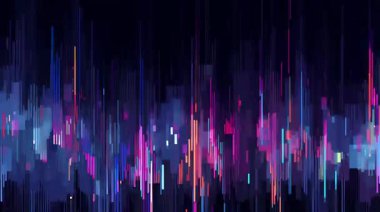 Karanlık siberpunk arkaplan hatası, dikey neon sinyal hatları, dijital gürültü yağmuru, soyut fütüristik veri akışı, parazit animasyonu, elektronik ekran bozulması dokusu