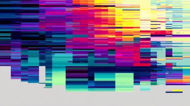 Bloklanmış dijital arıza dokusu, piksellenmiş siber punk arkaplan, parçalanmış veri katmanları, RGB renk ayrımı, soyut ekran bozulması, elektronik sinyal animasyonu, gelecekteki teknoloji deseni