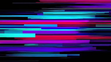 Renkli yatay arıza çizgileri, neon mavisi şeritler, dijital tarama çizgisi bozulması, soyut siber arkaplan, elektronik gürültü dokusu, bozuk video sinyali, karanlık uzay üzerine hızlı hareket verileri.