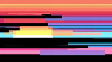 Renkli yatay arıza manzarası, katmanlı neon şeritler, dijital sinyal bozulması, soyut günbatımı tarzı bantlar, tarama çizgileri ve renk blokları animasyonlu bozuk video dokusu