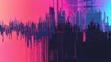 Neon pembe turuncu gradyan, soyut siber punk veri bozma arka planı, animasyon elektronik parazit dokusu olan dikey dijital çubuklar