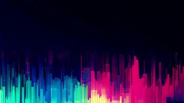 Dikey renk çubuklarına sahip soyut dijital arıza, neon cyan mor ışık sütunları, veri bozma efekti, siber punk sinyal gürültüsü, koyu arkaplan üzerindeki animasyon elektronik parazit dokusu