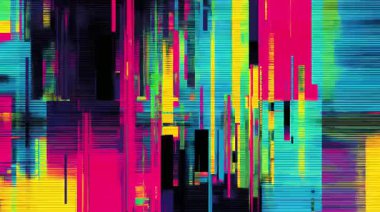Renkli dijital sütunlara sahip soyut dikey arkaplan, eflatun piksel bloklar, veri bozma çizgileri, elektronik parazit dokusu, siber soyut desen, modern kusurlu sanat kompozisyonu, dijital gürültülü teknolojik arkaplan