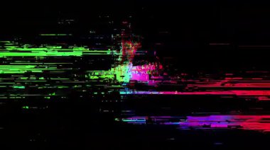 Neon rengi patlaması, piksel parçaları, dijital şok dalgası, yeşil mavi kırmızı röfleler, yüksek kontrastlı çarpıtma, kaotik enerji patlaması, siber punk grunge animasyonu