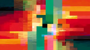 Cesur renk blokları, pikselleştirilmiş bozulma, dijital boya dokuları, parçalanmış dikdörtgenler, canlı kırmızı yeşil palet, bozuk geometri, gürültülü geçişler, modern soyut sanat, dinamik grunge animasyonu