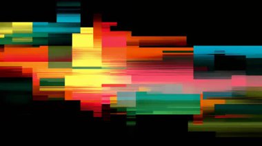 Yatay piksel smearlı soyut dijital arıza, siyah arkaplanda renkli veri bozulması çizgileri, kırmızı yeşil cyan bloklar, bozuk tarama çizgisi efekti, dinamik hareketli bozuk sinyal dokusu