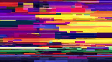 Parlak soyut çizgiler, çok renkli dijital parazit, pikselli veri katmanları, siber punk RGB gürültü şablonu, yatay hareketli bozuk ekran dokusu