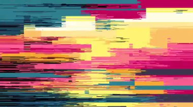 Renkli mozaik desen, soyut dijital bloklar, pikselleştirilmiş siber punk dokusu, yatay veri parçaları, bozuk sinyal çizimleri, canlı teknolojik arka plan