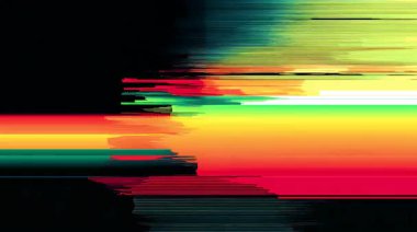 Renk lekeli geniş yatay hata gradyanı, dijital sinyal yırtılması, soyut RGB müdahale arkaplanı, pürüzsüz renk geçişleriyle hasarlı elektronik doku