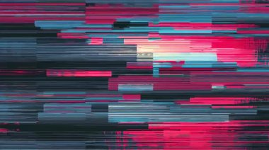 Yatay sıkıştırma objeleri, bozuk video dokusu, soyut veri yozlaşması arkaplanı, hasarlı sinyal çizgileriyle siber parazit şablonu