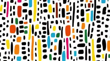 El çizimi düzensiz blokları olan soyut çizgi film arkaplanı, renkli boya elementleriyle karıştırılmış koyu siyah şekiller, oyuncu naif çizim tarzı, kaba desenli dışavurumsal desen ve sanatsal ritim