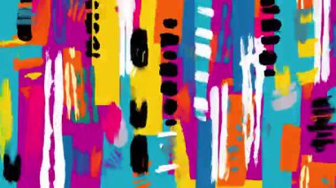 Garip el yapımı soyut arkaplan, katmanlı fırça izleri, renkli çizgi film pop sanat dokusu, canlı dışavurumsal vuruşlar, sanatsal boyanmış desen.