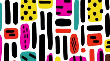 soyut geometrik karikatür deseni, renkli yuvarlak şekiller, kalın düz tasarım, pop sanat arka planı, el çizimi elementler, oyuncu kompozisyon, noktalı ve bloklu grafik dokusu, canlı modern illüstrasyon tarzı