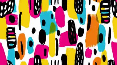 Garip çizgi film çizimleri, renkli soyut şekiller, eğlenceli fırça darbeleri, pop sanat dokusu, düzensiz damlalar, noktalı elementler, parlak renkler, saf illüstrasyon tarzı, sanatsal boyalı arkaplan, anlamlı grafik kompozisyonu.