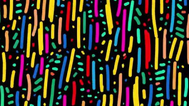 Garip karikatür konfeti deseni, koyu arkaplanda renkli çizgiler, şakacı soyut serpiştirme dokusu, pop sanat noktaları ve vuruşlar, canlı grafik arka plan animasyonu