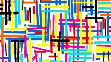 Soyut çizgi film arkaplanı, renkli el fırça çizgileri, geometrik boya çizgileri, parlak mavi pembe turuncu izler, kaba desenli desen, cesur katmanlı kaotik çizimler.