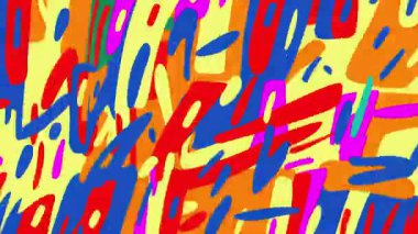 Katmanlı boya darbeleri, koyu renkli fırça çizgileri, sarı turuncu mavi şekiller, oyuncu grunge dokusu, dinamik ritimli el boyalı dışavurumsal desen