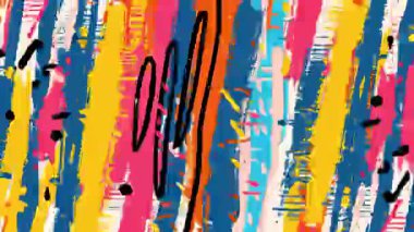 Soyut çizgi film fırça dokusu, çok renkli dikey boya darbeleri, elle çizilmiş kaba arkaplan, sarı pembe palet, enerjik karalama deseni, ham dokuya sahip sanatsal boyalı yüzey hissi.