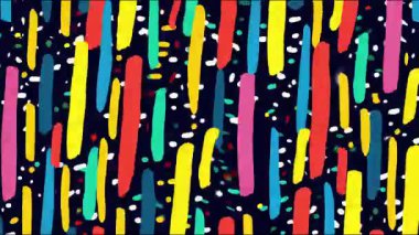 Dikey boyalı çizgilere sahip soyut çizgi film arkaplanı, koyu yüzeyde renkli el fırçası darbeleri, sarı pembe mavi lekeler, kaba boya dokusu, oyuncu karalamalar, ham el yapımı, etkileyici sanatsal desen