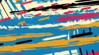 Soyut katmanlı boya darbeleri, yatay kaba fırça çizgileri, canlı mavi turuncu beyaz siyah renkler, anlamlı sanatsal doku, enerjik modern soyut arka plan, güçlü renk kontrastı ile koyu boyanmış yüzey