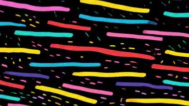 Koyu arkaplanda soyut renkli boyalar, yatay el çizimleri, parlak pembe mavi turuncu renkler, dağınık noktalar, oyuncu sanatsal ritim, modern soyut boyalı yüzey, yüksek kontrastlı doku bileşimi.