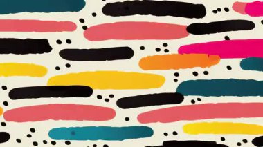 Soyut yuvarlak boya çizgi deseni, el çizimi yatay vuruşlar, canlı mercan sarısı deniz mavisi siyah renkler, dağınık mürekkep noktaları, oyuncu sanatsal doku, açık arkaplan bileşimi, basit şekilli modern soyut boyalı yüzey