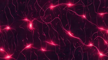 Kırmızı neon enerji akımları, parlayan elektrik iplikleri, akışkan ışık parçacıkları, karanlık fütüristik arkaplan, soyut plazma hareketi, parlak kırmızı çizgiler, bilim kurgu dijital enerji dokusu, animasyon elektrik parıltısı deseni, siber tarz arka plan