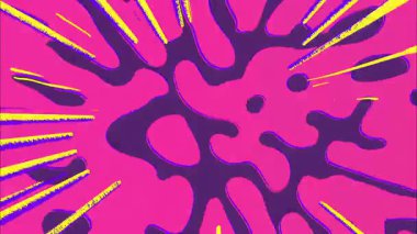 Soyut çizgi roman patlaması deseni, radyal yıldız patlaması şekilleri, el çizimi çizgi film tarzı, koyu mor lekeli pembe arkaplan, dinamik hareket, pop sanatından esinlenilmiş illüstrasyon
