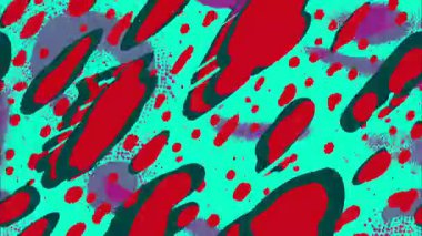 Soyut dinamik kamuflaj deseni, akıcı organik şekiller, el çizimi karikatür deseni, kırmızı lekeli turkuaz arka plan, noktalı gürültü, anlamlı renkli soyut çizim