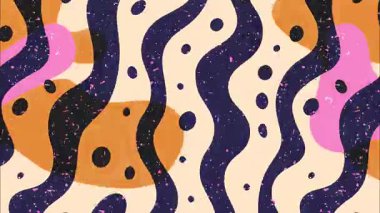 Soyut dalgalı organik şekiller, el çizimi karikatür damlaları, dalgalı kavisli çizgiler, bej arkaplan, lacivert turuncu pembe biçimler, noktalı doku, esprili retro çizimler, renkli soyut arkaplan