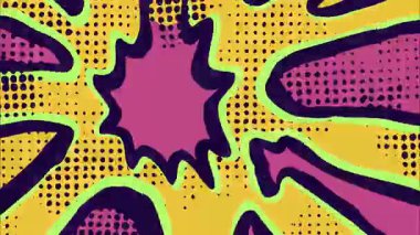 Soyut radyal yırtık deseni, sarı mor organik katmanlar, noktalı doku, psikedelik çizgi film arkaplanı, dinamik merkez kompozisyonu, el çizimi soyut tasarım.