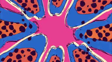 soyut yıldız patlaması deseni, pembe merkez şekli, mavi çizgi roman ışınları, noktalı doku, pop sanat patlama tarzı, enerjik çizgi film soyut arkaplan