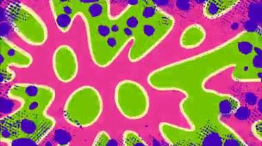 Soyut sıçrama deseni, pembe patlama şekli, yeşil organik biçimler, mor aksanlar, kumlu doku, psikedelik çizgi film arkaplanı, koyu renk kontrastı, el boyaması soyut tasarımı.