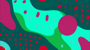 Soyut noktalı desen, koyu arkaplanda organik yeşil ve gök mavisi şekiller, tahıl dokusunda yüzen kabarcıklar, modern soyut animasyon, renkli şakacı arkaplan, el boyaması desen