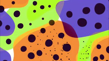 Soyut organik şekiller, siyah noktalı renkli kabarcıklar, oynak el çizimleri desen, parlak yeşil turuncu mor formlar, çizgi film tarzı arka plan, acayip modern soyut doku, düzensiz şekiller kompozisyon