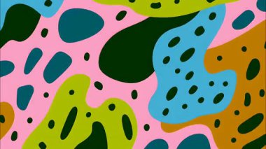 Soyut organik damlalar, renkli sıvı deseni, pembe yeşil mavi palet, düz çizgi film çizimi, el yapımı doku, oyuncu modern arka plan tasarımı