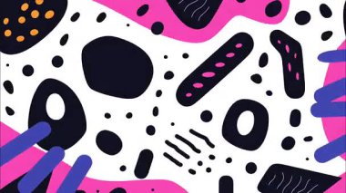 Soyut grafik arkaplan, koyu siyah beyaz pembe şekiller, oyuncu çizgi film elemanları, el çizimi doku, modern pop sanat deseni, dinamik dekoratif kompozisyon