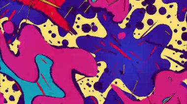 Psikedelik soyut arka plan, kalın organik biçimler, canlı sarı mavi renkler, el çizimi çizgi film dokusu, dinamik sıvı şekiller, dışavurumsal illüstrasyon, retro pop tarzı sanat modeli.