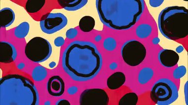 Pembe zemin üzerinde koyu mavi ve siyah daireler olan soyut organik nokta deseni, el boyası doku, şakacı modern illüstrasyon, düzensiz kütle kompozisyonu