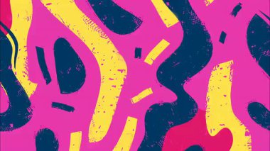 Soyut akış şekilleri pembe arkaplan, donanma biçimleri, sarı darbeler, tahıl dokusu, koyu renkli tasarım