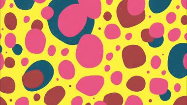 Soyut nokta deseni sarı arkaplan, pembe daireler, kahverengi noktalar, organik retro stil, el çizimi desen