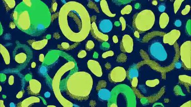 Yeşil lekeli soyut noktalı desen, turkuaz şekiller, koyu mavi arkaplan, kumlu doku, organik illüstrasyon tarzı
